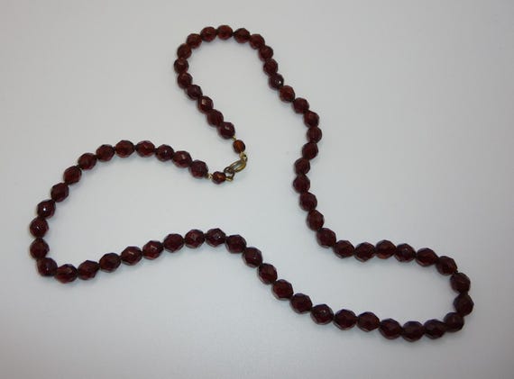 Vintage Deep Citrine / Dark Honey Colour Glass Faceted Bead Necklace - Hand-Knotted View 6