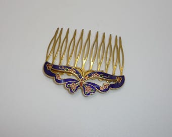Vintage Cloisonné Butterfly Hair Comb – Rich Indigo Blue Enamel