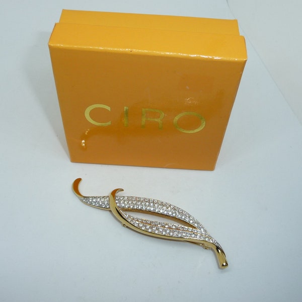 Vintage Boxed Ciro Gold Plated Crystal Set Abstract Design Leaf Brooch