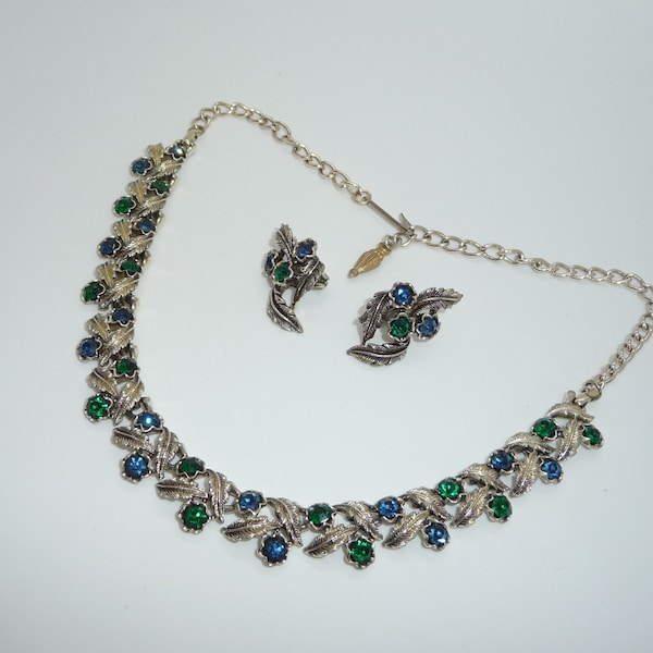 Retro Vintage Coro Style Blue & Green Crystal Leaf Choker Necklace and Earring Set