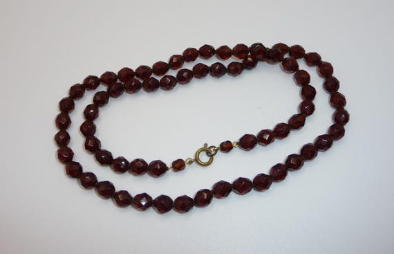 Vintage Deep Citrine / Dark Honey Colour Glass Faceted Bead Necklace - Hand-Knotted View 3