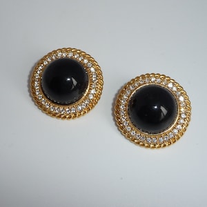 Vintage Gold Plated Clip On Earrings: Black Cabochon Crystal Statement