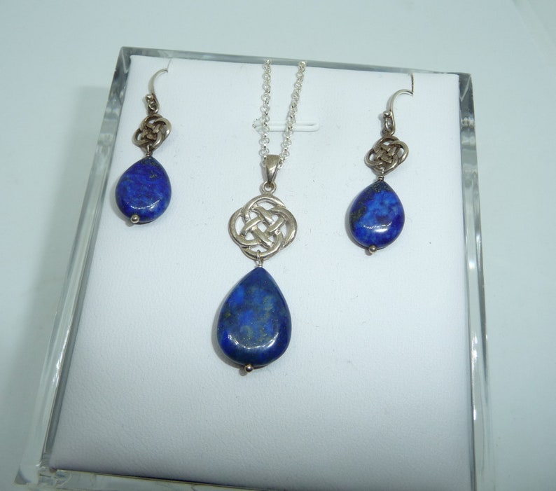 Vintage Sterling 925 Silver Celtic Eternal Knot Lapis Lazuli Drop Necklace Pendant /& Earrings