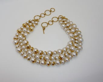 Vintage Lätzchen Halskette, 3-Strang Gold Ton Statement Choker, Chunky Runway Style