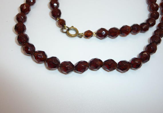 Vintage Deep Citrine / Dark Honey Colour Glass Faceted Bead Necklace - Hand-Knotted View 2