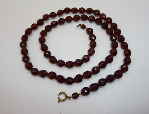 Vintage Deep Citrine / Dark Honey Colour Glass Faceted Bead Necklace - Hand-Knotted View 4