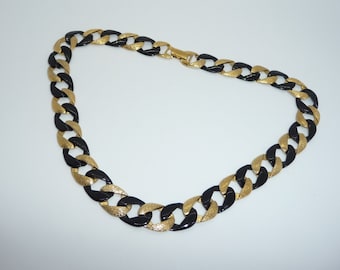 Stunning Modernist Signed Napier Pat. 4.774.743 Gold Plated & Black Enamel Linked Chain Collar Necklace