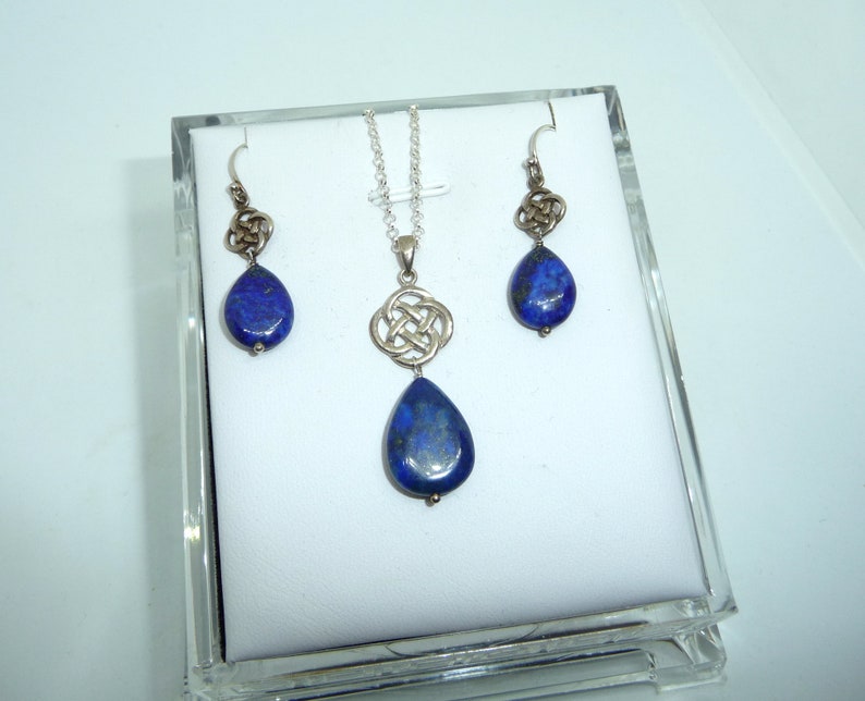 Vintage Sterling 925 Silver Celtic Eternal Knot Lapis Lazuli Drop Necklace Pendant /& Earrings