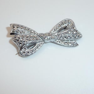 Art Deco Vintage Staybrite Faux Marcasite Bow Brooch, Early C-Clasp Ribbon Pin