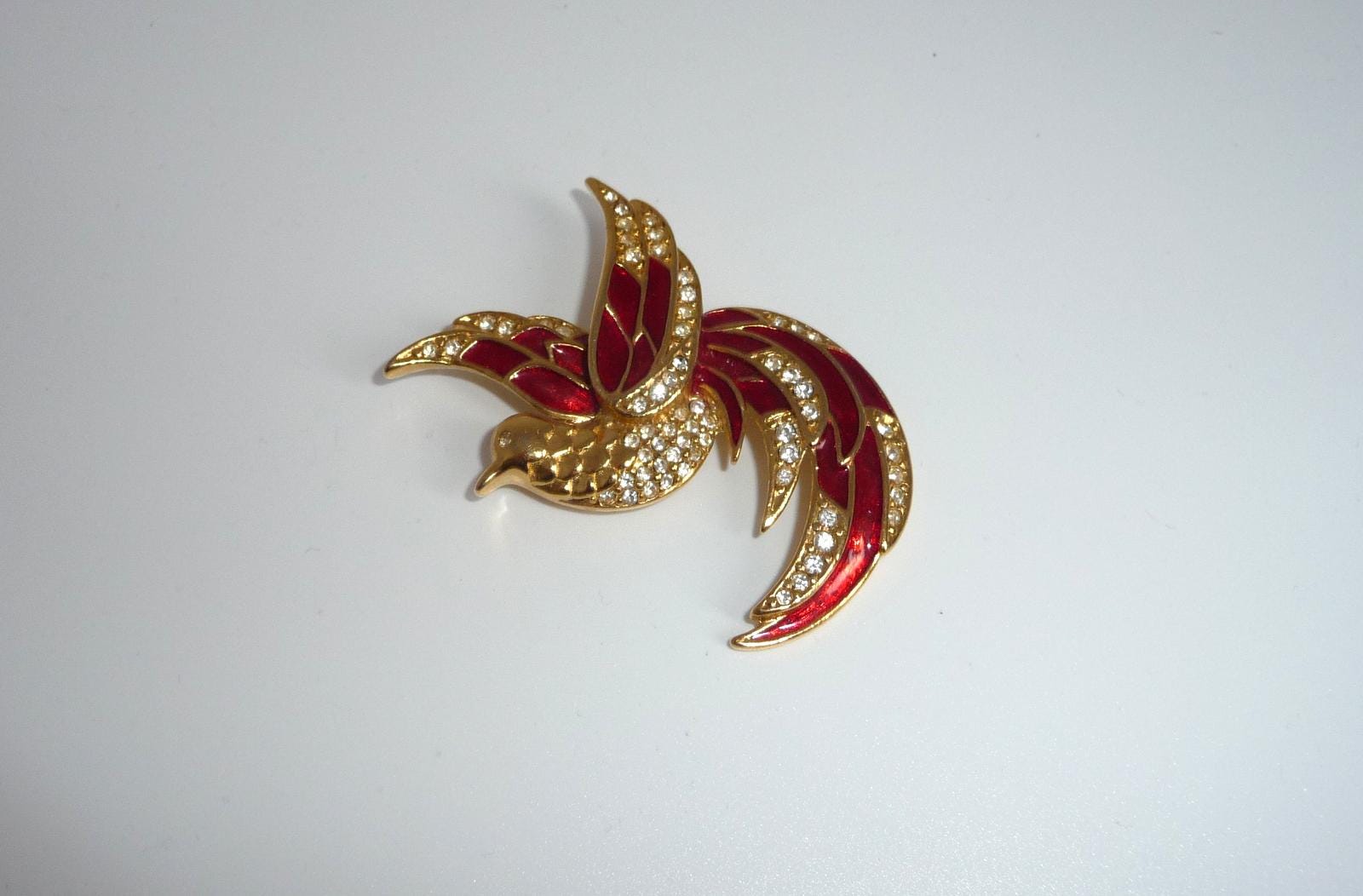 Broche Vintage Oiseau De Paradis – Émail Et Strass, Monture Dorée 80x40mm – Occasion