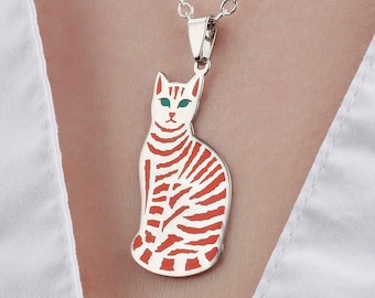 Sterling Silver Cat Pendant with Enamel Orange Stripes and Transparent Green Enamel Eyes
