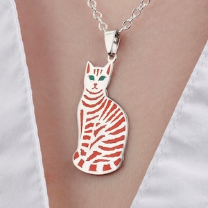 Sterling Silver Cat Pendant with Enamel Orange Stripes and Transparent Green Enamel Eyes