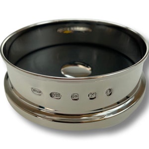 Sterling Silver Wine Bottle Coaster with Welsh Slate Base. Features Kings Coronation Hallmark