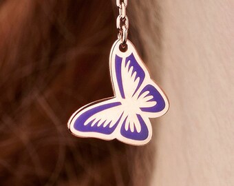 Sterling Silver Rose Gold & Purple Enamel Butterfly Drop Earrings 0913