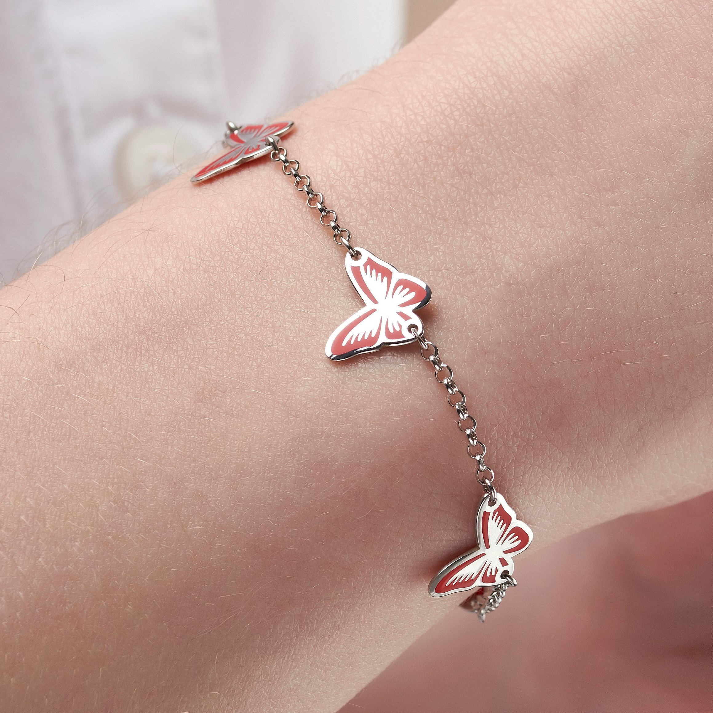 Buy Sterling Silver Butterfly Link Bracelet With Red Colored