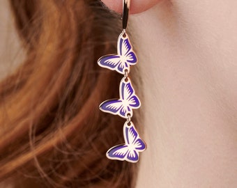 Sterling Silver Triple Rose Gold & Purple Enamel Butterfly Drop Earrings
