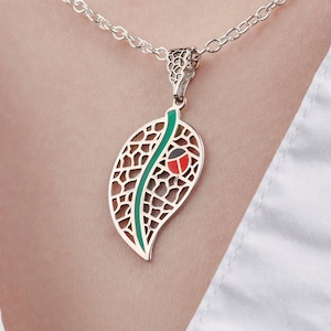 Sterling Silver Leaf - Ladybird (ladybug) Pendant. Coloured Enamel