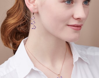 Pendientes colgantes de mariposa de plata de ley y collar set oro rosa y esmalte púrpura
