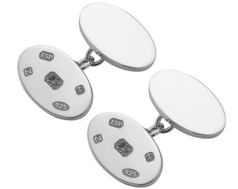Sterling Silver Oval Chain Cufflinks with Feature Hallmarks 925 Silver Cufflinks