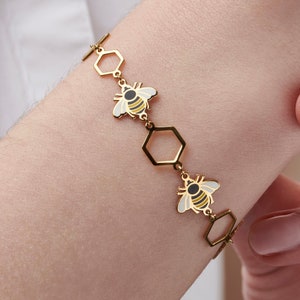 Sterling Silver Bumble Bee &  Honeycomb Gold Plated Bracelet with Coloured Enamel