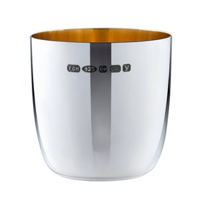 May include: A polished silver cup with a smooth, reflective exterior and a gold-toned interior. The front of the cup features a series of five distinct hallmarks, including the letters FGH, the number 925, an anchor symbol, and a lion passant.