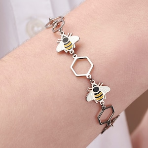 Sterling Silver Bee & Honeycomb Bracelet with Coloured Enamel