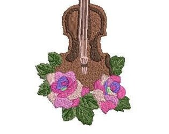 Violin with roses embroidery design, machine embroidery design