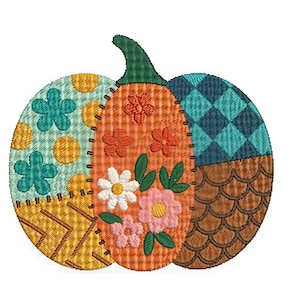 May include: Embroidered pumpkin design with a green stem. The pumpkin is divided into sections with various patterns, including flowers, checks, and geometric shapes. The colour palette includes orange, teal, yellow, and brown, creating an autumnal theme.