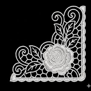 May include: White embroidered corner design featuring a rose, leaves, and intricate lace-like patterns. The design has a scalloped edge and is set against a black background. This floral embroidery is suitable for various craft projects.