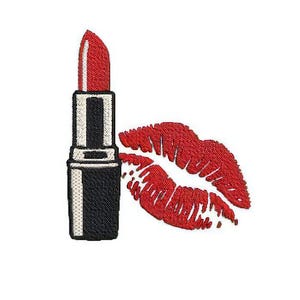 May include: Embroidered design of a red lipstick and a red lip print on a white background. The lipstick is black with a silver band and a red lipstick tip. The lip print is a bold red colour.