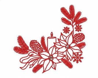 Redwork Christmas Corner Embroidery Design - Holiday Poinsettia Candle Pattern - Machine Embroidery - Instant Download, Napkin embroidery