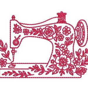 May include: A red embroidered sewing machine design with floral accents. The machine is adorned with roses, leaves, and other flowers. The design is outlined with a textured, stitched effect, perfect for craft projects.
