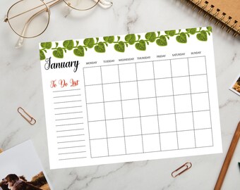 Greenery blank calendar, printable calendar, floral calendar, 2024 calendar,  printable calendar months, printable calendar template