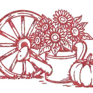 May include: Red line art illustration of a wagon wheel, sunflowers in a watering can, and a pumpkin. The design is a rustic, fall-themed image, perfect for autumn decor or crafts.