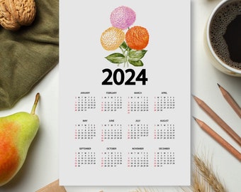 Printable 2024 yearly calendar, wall calendar, desk calendar, floral calendar, monthly calendar, digital calendar