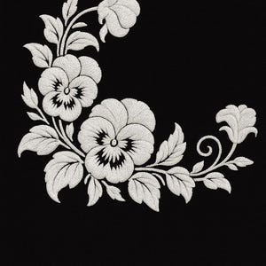 May include: White embroidered floral design on a black background. The design features pansies and leaves, creating a delicate, detailed pattern. The embroidery is likely for fabric decoration or textile art.