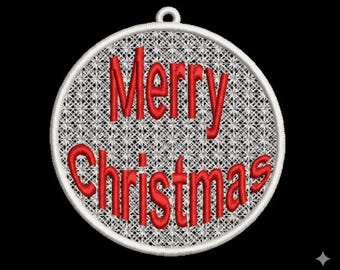 May include: A round, white Christmas ornament with the words "Merry Christmas" embroidered in red. The ornament has a delicate, lacy pattern and a small loop at the top for hanging. The background is black.