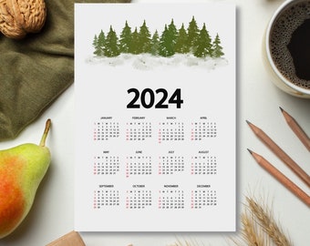 Printable 2024 yearly calendar, wall calendar, desk calendar, floral calendar, monthly calendar, digital calendar, watercolor tree, nature