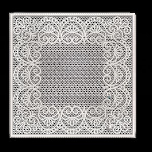 May include: A square, white lace design with an intricate floral and scroll pattern. The lace is bordered by a rope-like trim. The background is a fine, dotted mesh, creating a delicate and elegant aesthetic.