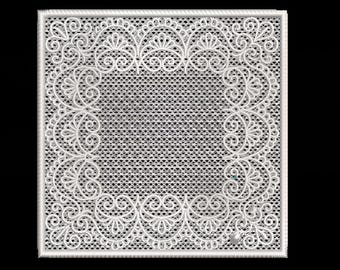 May include: A square, white lace design featuring an elaborate floral and scroll pattern. The lace is framed by a rope-style border. The background is a fine, dotted mesh, creating a delicate and elegant aesthetic.