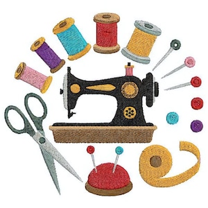 May include: An embroidered design featuring a black sewing machine, colorful spools of thread, scissors, pins, a pin cushion, and a measuring tape. The design is set against a white background, perfect for sewing enthusiasts.