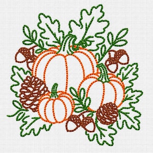 May include: An embroidery design featuring three orange pumpkins of varying sizes, surrounded by green stitched oak leaves, brown pinecones, and brown acorns. The entire composition is rendered in a clean, linear stitch style.