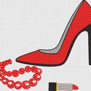 May include: A red high-heeled shoe, a string of red pearls, and a red lipstick.