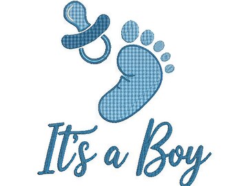 May include: Blue embroidered design featuring a baby pacifier and a footprint, with the text "It's a Boy" in a script font. The pacifier and footprint have a checkered pattern.