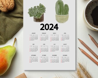 Printable 2024 yearly calendar, wall calendar, desk calendar, floral calendar, monthly calendar, digital calendar, watercolor house plants