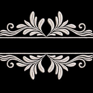 May include: An embroidered design with white floral and leaf patterns on a black background. The design has a horizontal rectangular space for text, with decorative flourishes. The embroidery is symmetrical.