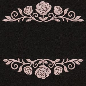 May include: A black background with a light pink floral embroidery design. The design features roses, leaves, and swirling patterns, creating a decorative frame. The embroidery is symmetrical, with a top and bottom border.