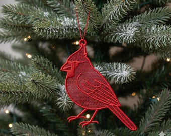 Motif de broderie ornement de Noël cardinal FSL - 2 tailles motif de décoration oiseau en dentelle sur pied