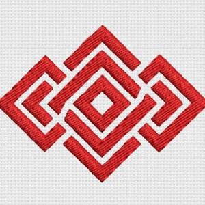 May include: A red geometric embroidered design on a white fabric background. The design features interlocking square and diamond shapes, creating a symmetrical pattern. The embroidery has a textured appearance.