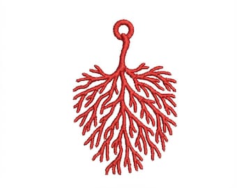 May include: A red embroidered design resembling a coral branch or a stylized tree. The design features a central stem with numerous branching lines, and a loop at the top. The embroidery is on a white background.